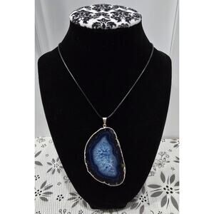 Blue Agate Slice Pendant Necklace | Natural Stone | Adjustable Cord